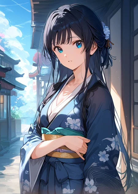 1girl, shizuka mogami\(m@ster miu\), bangs, black hair, blue eyes, long hair,
japanese clothes, kimono,
looking_at_viewer,
<lora:shizuka_mogami_pony_no_v2:0.8> <lora:no-style:0.8>, outdoor,, score_9, score_8_up, score_7_up, source_anime, BREAK, high_res,, cowboy shot, (perfect eyes, medium eyes)