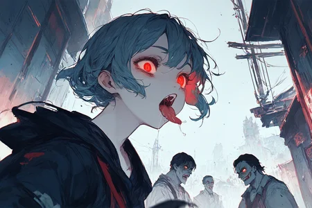 (score_8_up:1.6), (sanji dangan:0.8), <lora:sanji_dangan_style:0.85>
1girl, tongue out, saliva trail, red eyes, from side, glowing eyes, looking at side, zombie apocalypse, ruin city, sunset, wide shot, dynamic pose, blurry background, [people:zombie:0.6],
