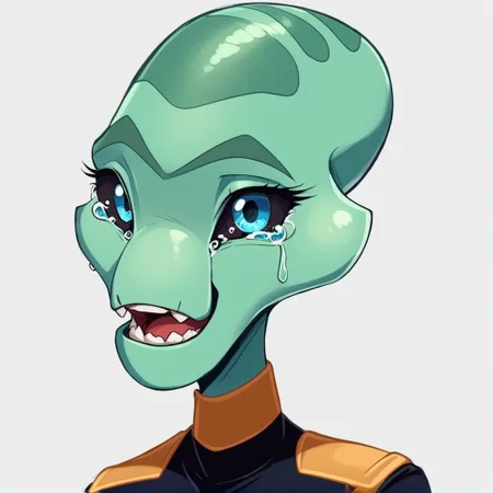 score_9, score_8_up, score_8,source_furry,
1girl,
solo,
furry female,
alien,
looking at viewer,
smile,
uniform,
black uniform,
gold trim,
green skin,
green body,
upper body,
open mouth,
bald,
standing,
teeth,
<blue eyes:1.5>,
<black sclera:1.5>,
<simple background:1.5>,
<white background:1.5>,
<lora:Grand_Councilwoman_Pony_SDXL:1> grand_councilwoman,
<lora:90s4n1m3XLP:1> 90s4n1m3, sad,
sadness,
tears,
closed mouth,