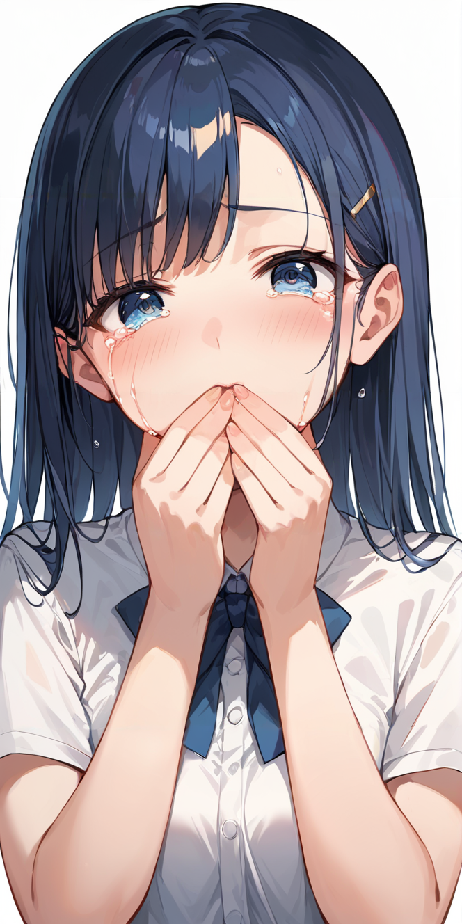 score_9, score_8_up, score_7_up,source_anime, high res image,masterpiece,best quality,break,
girl,cute face,clear skin,shiny hair,ultra detailed eyes,simple background, 
 <lora:hand over own mouth_pony_V1.0:0.7> hand over own mouth, covering own mouth <lora:tears_pony_V1.0:0.8> tears,crying