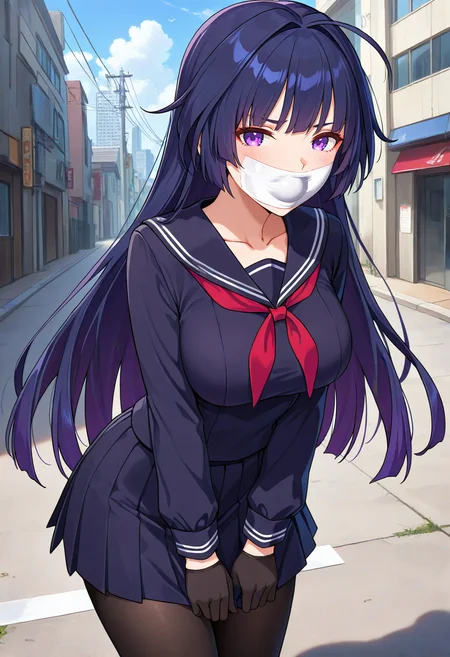 masterpiece, best quality,
1girl, raiden mei, long hair, breasts, black serafuku, long sleeves, black gloves, pantyhose,
looking at viewer, outdoors, cowboy shot, standing,
tape gag,
<lora:stuffedtapegagnoobvpredmerge2:1>