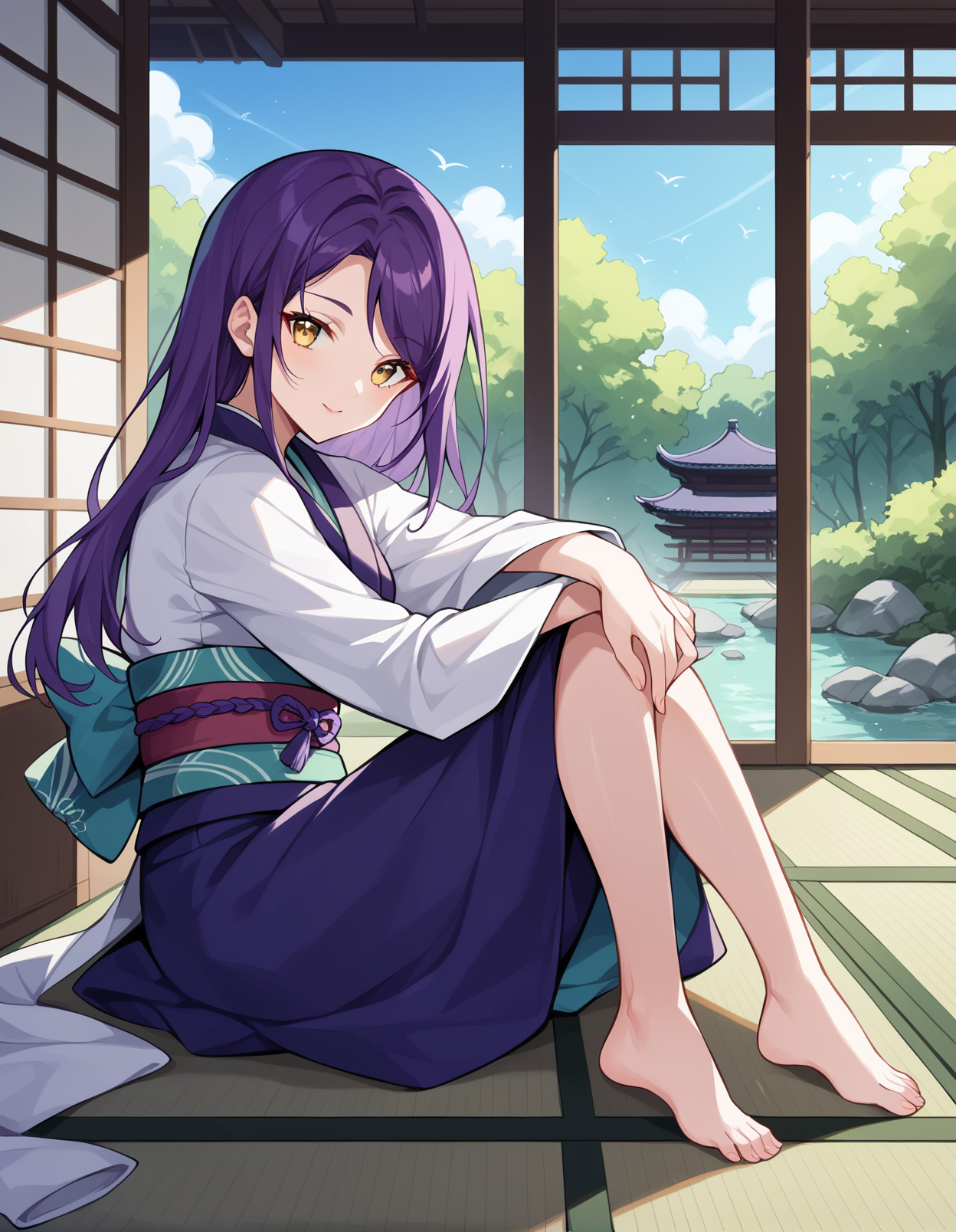 score_9, score_8_up, score_7_up, score_6_up, score_5_up, score_4_up, source_anime, rating_safe, BREAK
<lora:shionXL_LoRA-C3Lier_AdamW_Dim32_Alpha32_UN-3e-4_TE-1.5e-4_8batch_ponyDiffusionV6XL_v6StartWithThisOne:1>, shion toudou, 1girl, purple hair, long hair, yellow eyes, japanese clothes, barefoot, obi, sitting, yokozuwari, tatami, shouji, looking at viewer, from side, porch, sunlight, garden
