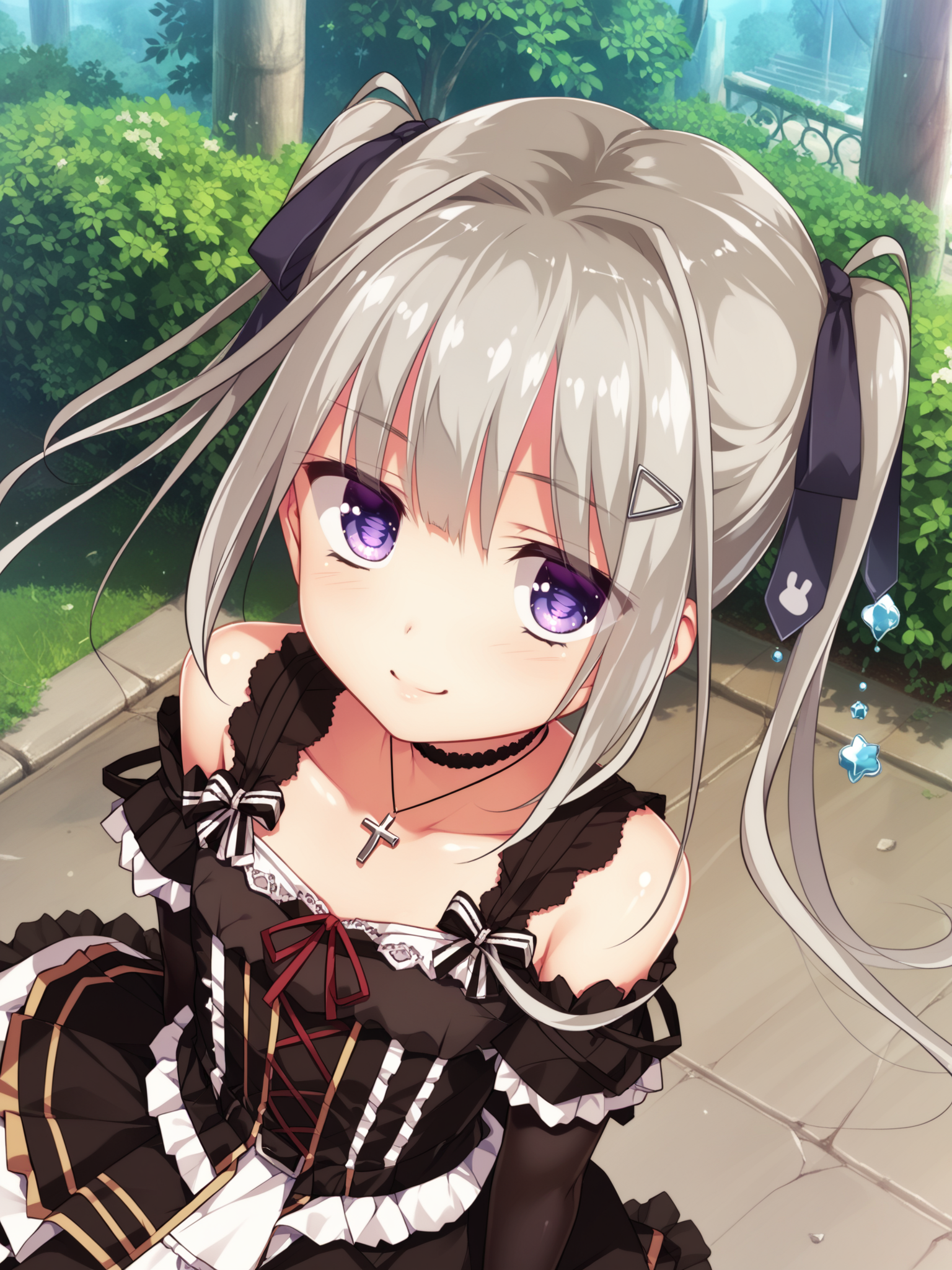 <lora:happy_tentacle-kuon-v0.2-000030:1>, ht_kuon, black dress, frilled dress, choker, black thighhighs, frilled thighhighs, garter straps, hair ribbon, hairclip, hair ornament, cross necklace , outdoors, 1girl, solo, upper body , , ( smile :1), , looking at viewer , , from above , score_9, score_8_up, score_7_up, score_6_up, score_5_up, score_4_up