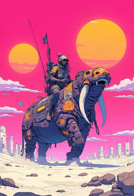 (best quality, masterpiece), anime, cyberpunk, a female ninja riding a mechanical walrus. neon pink and orange alien desert planet. distant ruins, white sands, multiple suns
