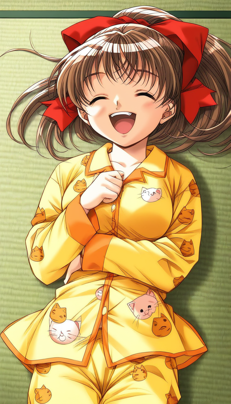 score_9, score_8_up, score_7_up, source_anime, rating_explicit, BREAK <lora:Sunohara_Suzuha_XL:1> Sunohara_Suzuha, brown hair, green eyes, red bow, hair bow, medium hair, ponytail, medium breasts,
1girl, solo, closed eyes, open mouth, smile, long sleeves, happy, Yellow pajamas, tatami, cat print,