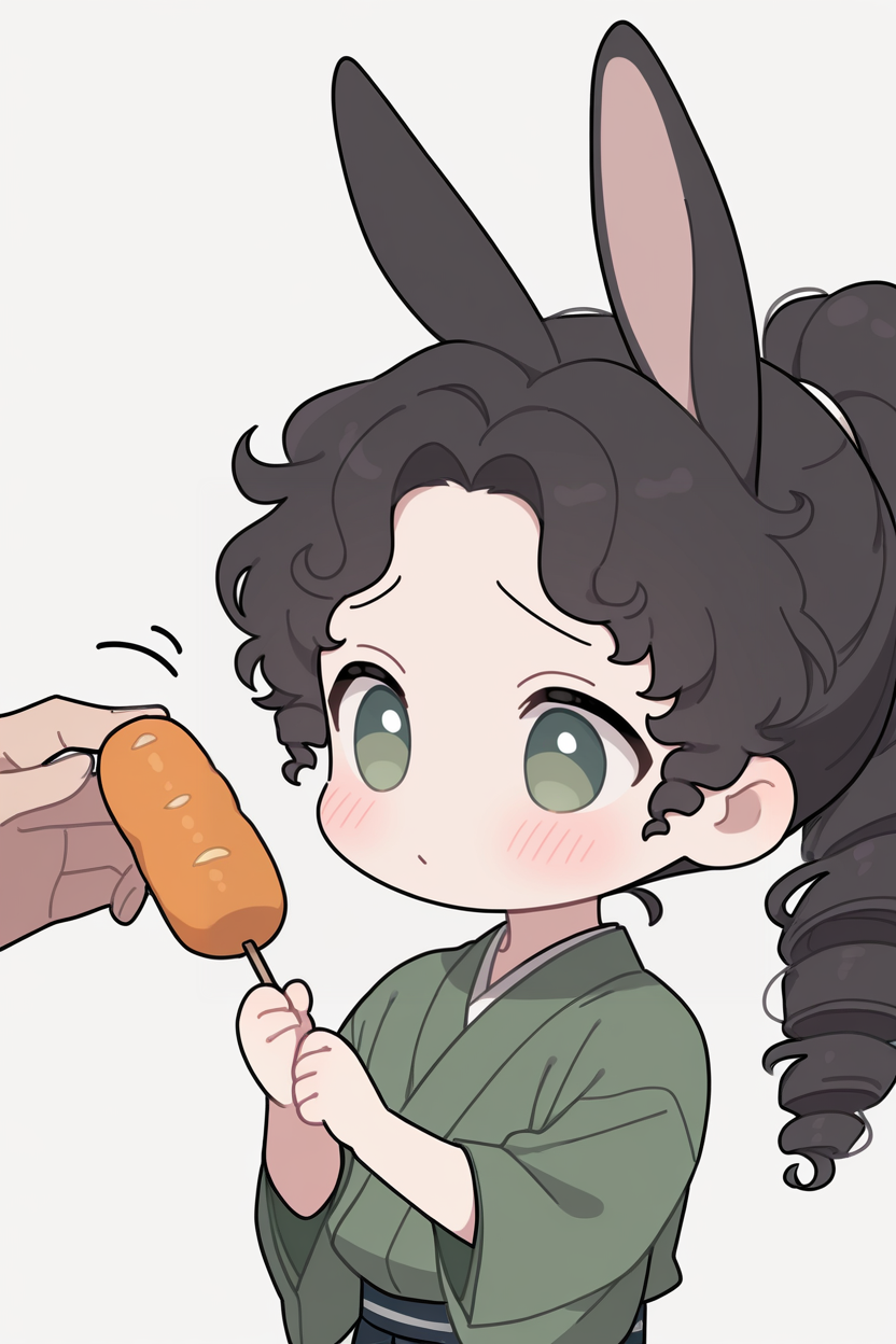masterpiece, best quality, 1boy, solo,
<lora:MeiLanIllustriousV1:1> meiyaolan, green eyes, black hair, curly bangs, curly hair, ponytail,
blush, simple background, white background, holding, animal ears, upper body, food, japanese clothes, (chibi:1.4), rabbit ears, holding food