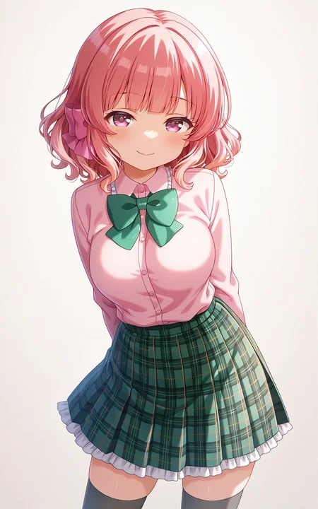 masterpiece,best quality,good quality,amazing quality,newest,4k,perfect lighting,cinematic,very aesthetic,official art,anime screencap,anime coloring,(white background, simple background:1.5),
1girl,solo,nitta moeka,pink hair,hair bow,m_seio2,pink shirt,long sleeves,green bowtie,green skirt,plaid skirt,frills,black thighhighs,zettai ryouiki,
seductive smile, looking at viewer,facing viewer,standing,arms behind back,hands behind back,contrapposto,cowboy shot,BREAK
<lora:ILmoeka2:1>