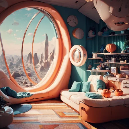 score_9, score_8_up, score_7_up, <lora:retro_pony_XL_2:1>  zPDXL a retro tech design art piece of a 2 level building, round windows, on a space station
