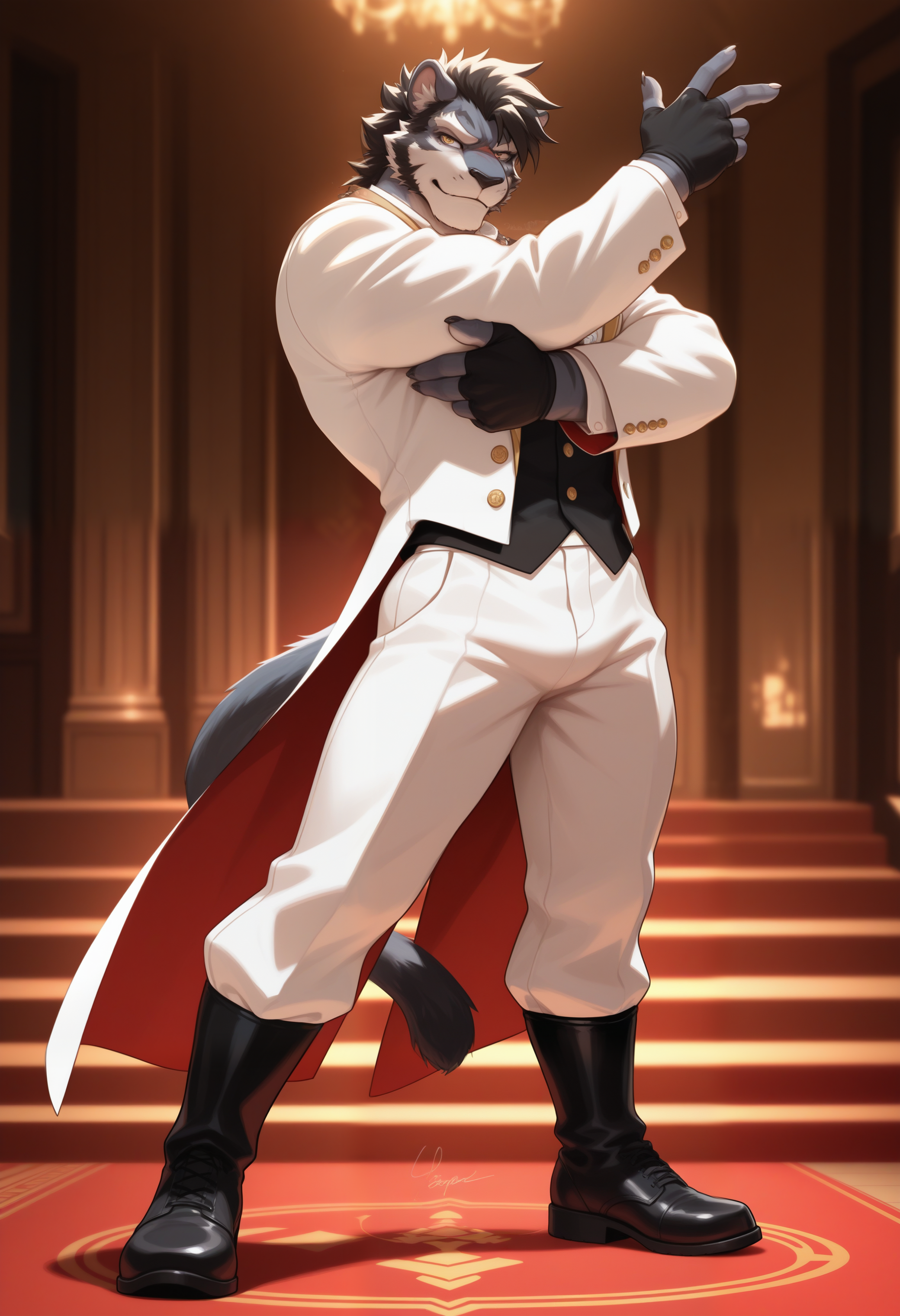 masterpiece,best quality,amazing quality, 1boy, solo,  1boy, y40, furry male, white tuxedo, black boots, black fingerless gloves, full body, pose, 
