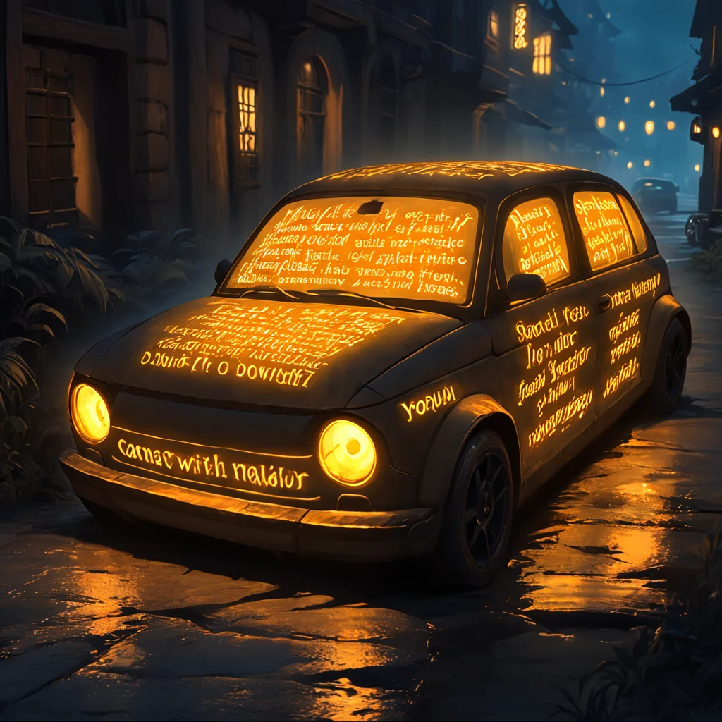 a car with glowing ancient text texture at night,masterpiece
<lora:glowing_letters_xl:0.8>