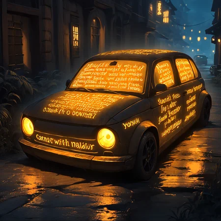 a car with glowing ancient text texture at night,masterpiece
<lora:glowing_letters_xl:0.8>