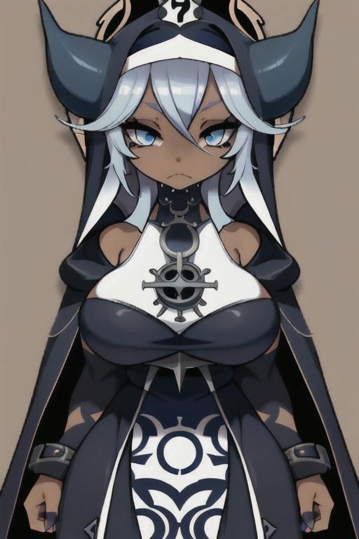 Devil, horns, body mods, huge breasts, thick thighs, muscular, ((dark tan skin)), white hair, ((navy hair streaks)), short spiky scene hair, slanted blue eyes,blue tribal cloud tattoos, non human, monster girl, bad ass, ((nun)), huge fluffy white scarf, (( hooded jumpsuit)), ((steampunk)), ((y2k aesthetic)), black, white, navy, light blue, 3d render, chibi, ((Kaeya Alberich inspired outfit)), poofy hair, eyeliner, emo, emo makeup, goth, wrench_genshin_style, chara-sheet