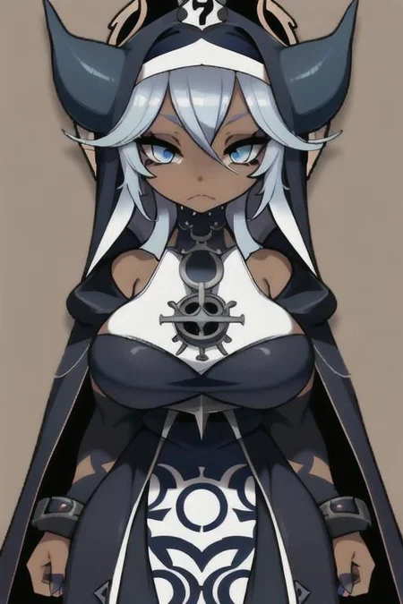 Devil, horns, body mods, huge breasts, thick thighs, muscular, ((dark tan skin)), white hair, ((navy hair streaks)), short spiky scene hair, slanted blue eyes,blue tribal cloud tattoos, non human, monster girl, bad ass, ((nun)), huge fluffy white scarf, (( hooded jumpsuit)), ((steampunk)), ((y2k aesthetic)), black, white, navy, light blue, 3d render, chibi, ((Kaeya Alberich inspired outfit)), poofy hair, eyeliner, emo, emo makeup, goth, wrench_genshin_style, chara-sheet