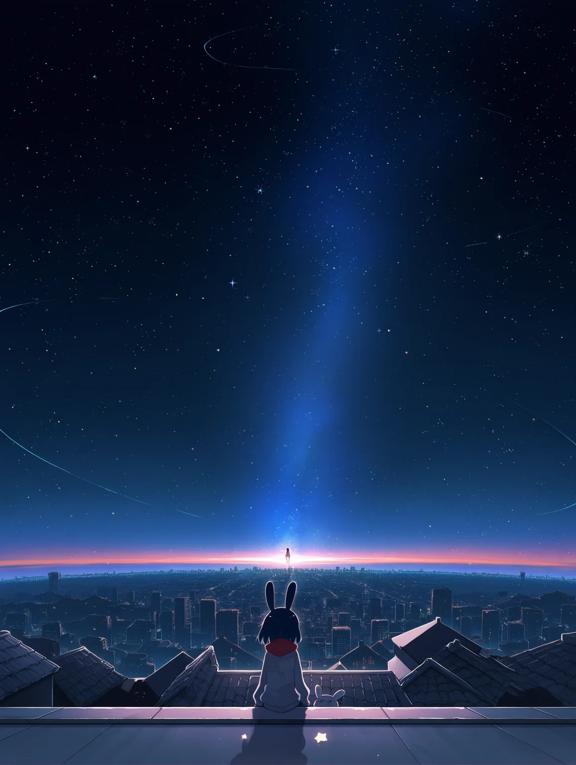 rimukoro,shino \(yaruki nai yatsu\),kabu usagi,terada tera, 1girl,sitting,rooftop,cityscape,scenery,sky,space,star (sky),starry sky,solo,solo focus,
,masterpiece,best quality,amazing quality,