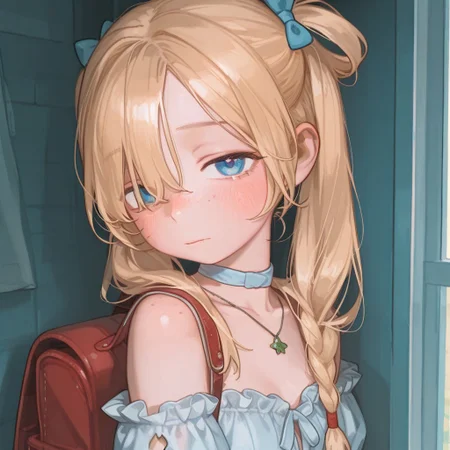 high detailed, high quality, masterpiece, best quality, very awa, absurdres, detailed eyes, detailed face, detailed skin, anime, cinematic light, colorful, portrait BREAK, 1girl, KPB-Illu, solo, cute, pretty, petite, blue eyes, blonde hair, hair over eye, choker, freckles, half closed eyes, blush, looking at viewer, bare shoulders, collarbone, frilled sleeves, necklace, lingerie, hair bow, from side, torn clothes, twintails, blonde hair, frills, backpack, looking at viewer,  (marcille_donato:0.7), possmach, artist:henreader, artist:ciloranko, (artist:sho \\(sho lwlw\\):0.75), (tianliang duohe fangdongye:0.7),