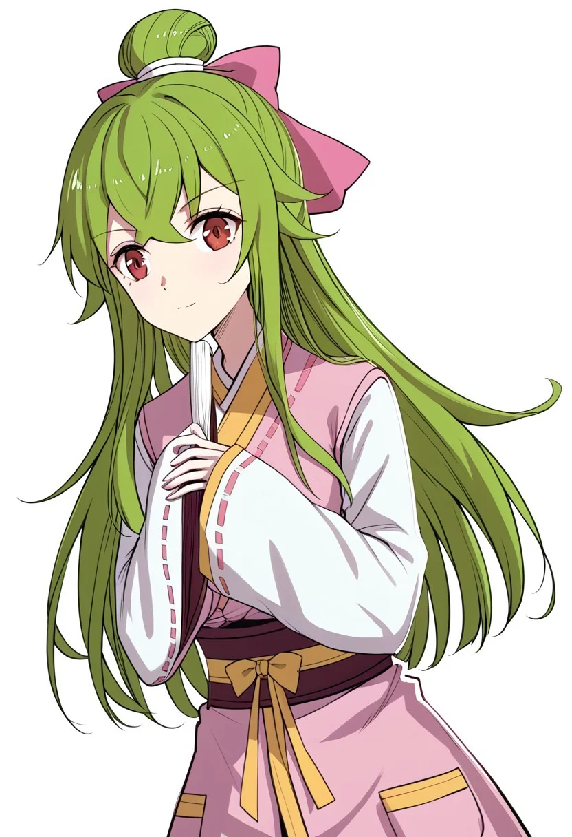 simple background, white background
BREAK
1girl, solo,
苏晓,
brown eyes,
long hair, green hair, hair bun, pink bow,
pink robe, white sleeves, long sleeves