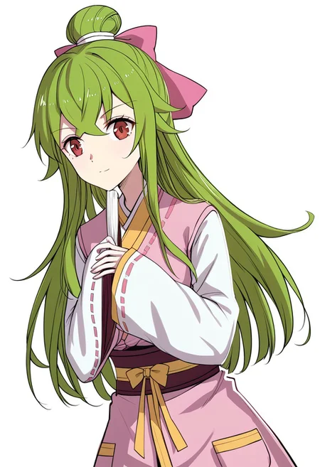 simple background, white background
BREAK
1girl, solo,
苏晓,
brown eyes,
long hair, green hair, hair bun, pink bow,
pink robe, white sleeves, long sleeves