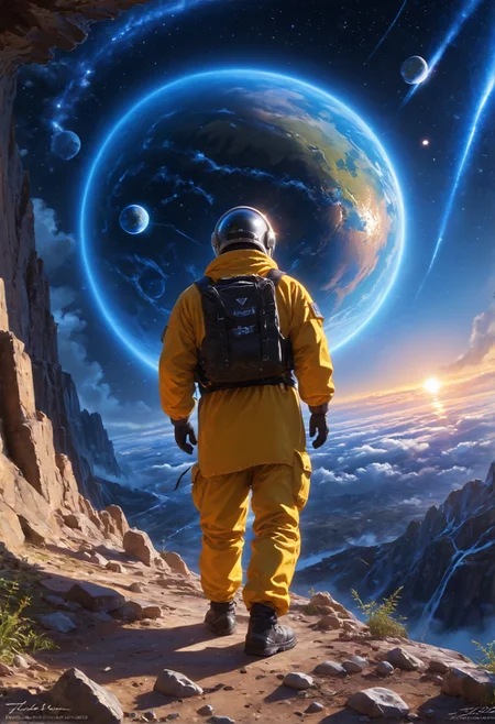 score_9,score_8_up,score_7_up,embedding:zPDXL2, masterpiece,best quality,highly detailed,detailed background, film grain,colorful,glowing,hand person,Expressiveh, , solo, 1boy, standing, male focus, bag, from behind, watermark, backpack, helmet, star \(sky\), scenery, 1other, science fiction, realistic, space, planet, ambiguous gender, spacecraft, spacesuit, astronaut, starship，<lora:增强\(增强)sdxl_lightning_8step_lora.safetensors:1.0:1.0> <lora:增强\(增强)Expressive_H-000001.safetensors:0.8:0.8> <lora:增强\(增强)Hands XL 4.safetensors:1.0:1.0> <lora:增强\glowneon_xl_v1.safetensors:1.0:1.0> <lora:Vixon\收藏\Vixon's Pony Styles Illumi.safetensors:0.8:0.8>