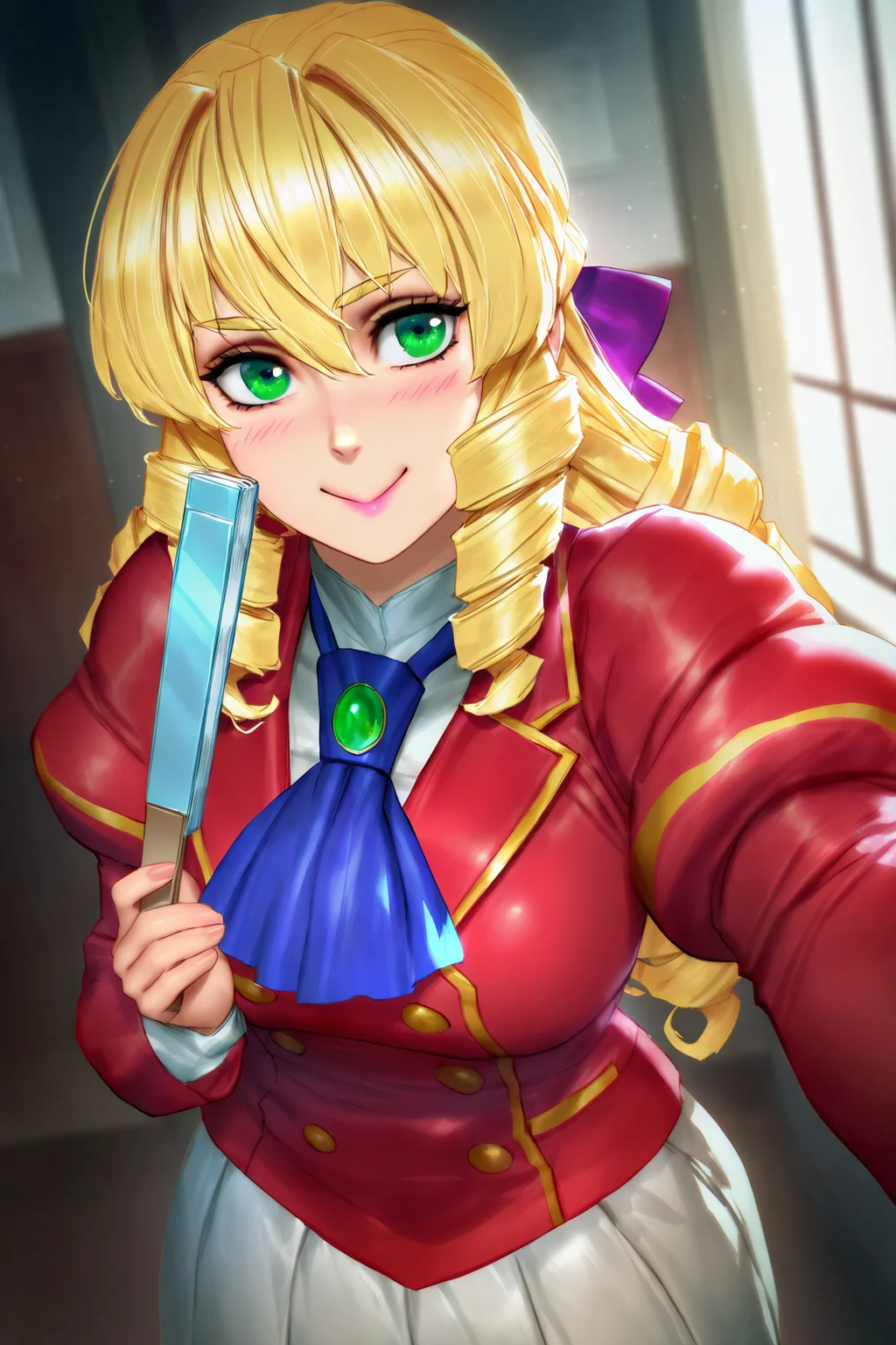 masterpiece, best quality, absurdres, highres, cinematic light, 1girl, solo, <lora:grace_auverne:1> grace_wz, blonde hair, long hair, drill hair, drill sidelocks, hair bow, purple bow, lipstick, green eyes, school uniform, red blazer, long skirt, white skirt, pleated skirt, blue ascot, puffy sleeves, ringlets, long sleeves, formal clothes, standing, pov, selfie, c:, hallway, sidelighting, holding fan, hand fan, folding fan, neoartcore,