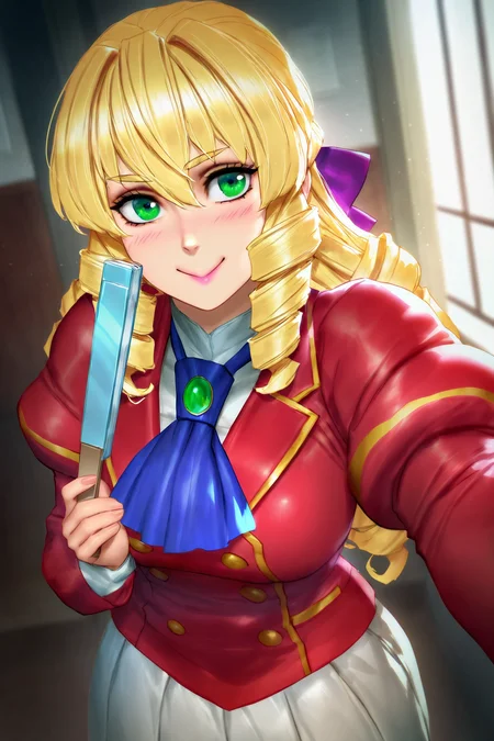 masterpiece, best quality,  absurdres, highres, cinematic light, 1girl, solo, <lora:grace_auverne:1> grace_wz, blonde hair, long hair, drill hair, drill sidelocks, hair bow, purple bow, lipstick, green eyes, school uniform, red blazer, long skirt, white skirt,  pleated skirt,  blue ascot, puffy sleeves, ringlets, long sleeves, formal clothes, standing, pov, selfie, c:, hallway, sidelighting, holding fan, hand fan, folding fan, neoartcore,