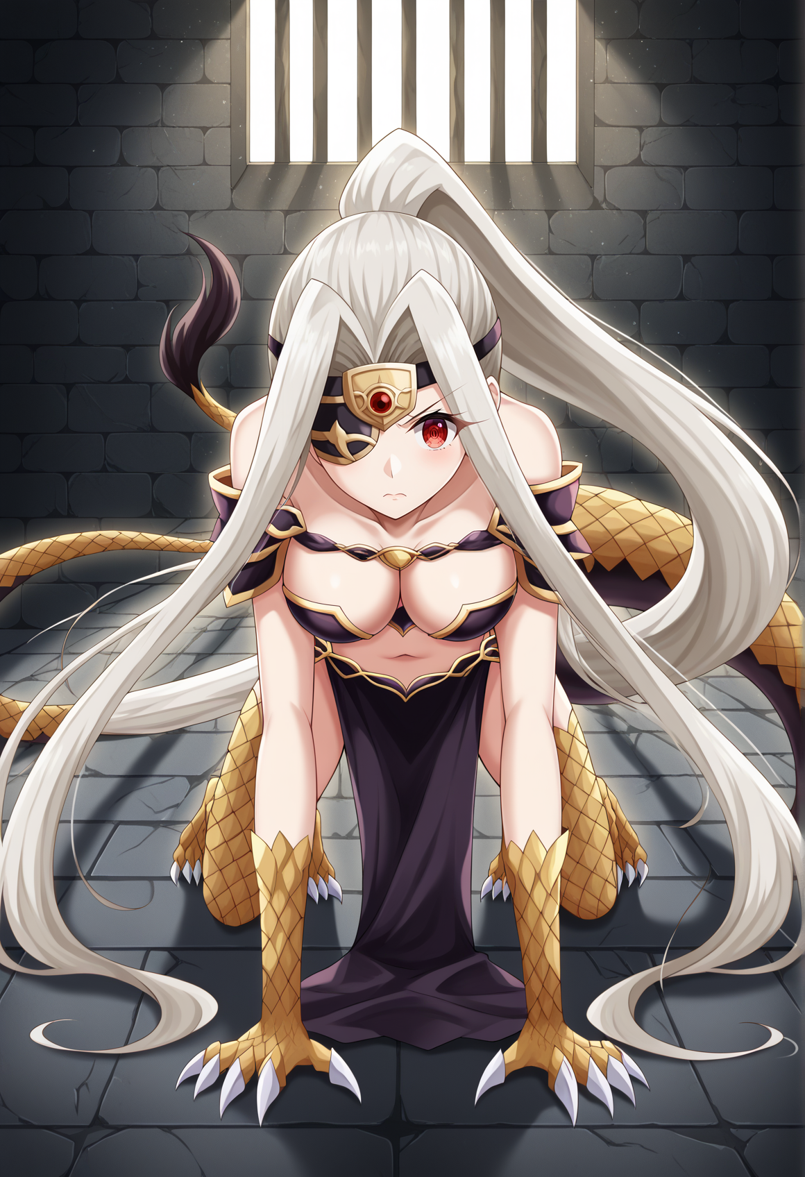 white hair, red eyes,very long hair, ponytail, high ponytail, sidelocks, eyepatch, scales, tail, claws, armor, pelvic curtain, monster girl, all fours, big breasts, indoors, dungeon  <lora:Illya_pony_v2:1>, masterpiece, best quality, amazing quality, very aesthetic, absurdres, highres, newest