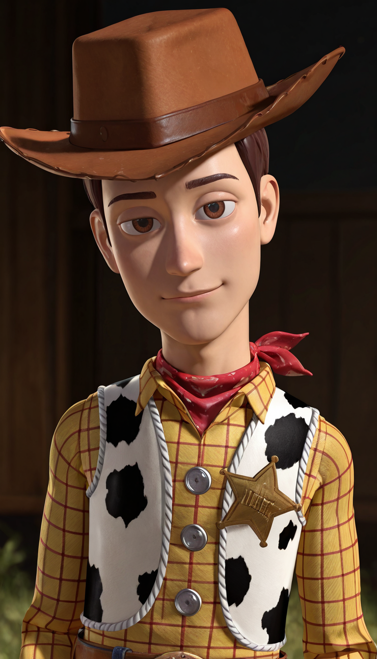 masterpiece,best quality,absurdres,newest,perfect quality,best quality,absolutely eye-catching,detailed background,male focus,<lora:Toy Story - Sheriff Woody - Illustrious-000006:0.7>,s_woody,1boy,brown hair,brown eyes,cowboy hat,red bandana,yellow shirt,long sleeves,vest,sheriff badge,head tilt,looking at viewer,slim,cowboy western,saloon,portrait,sly look,half-smile,