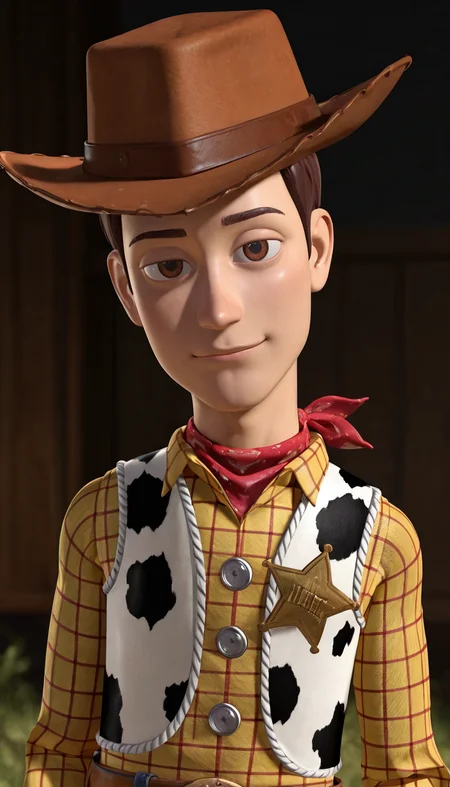 masterpiece,best quality,absurdres,newest,perfect quality,best quality,absolutely eye-catching,detailed background,male focus,<lora:Toy Story - Sheriff Woody - Illustrious-000006:0.7>,s_woody,1boy,brown hair,brown eyes,cowboy hat,red bandana,yellow shirt,long sleeves,vest,sheriff badge,head tilt,looking at viewer,slim,cowboy western,saloon,portrait,sly look,half-smile,