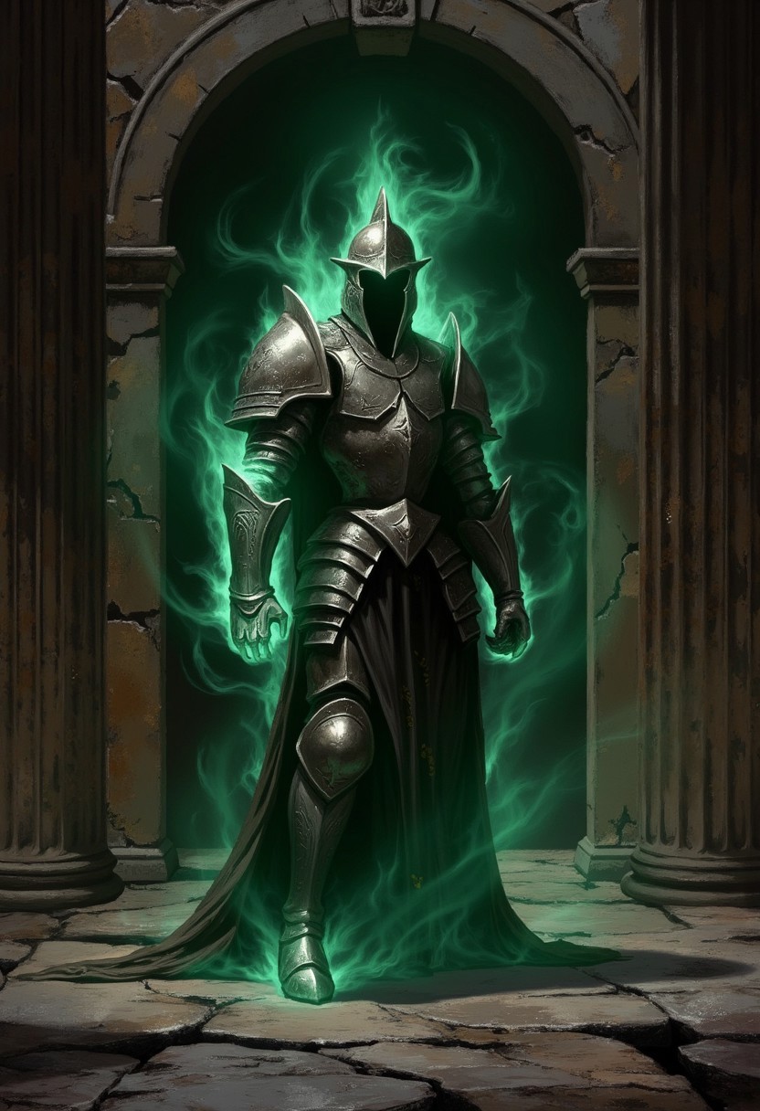 An atmospheric and powerful dark fantasy, natural organic and impressionist classical-style painting of a possessed set of fantasy armour. The armour is made of heavy silver plates and have a full helmet. Armour glows from inside with green ghostly light as the spirit resides in it, making it look alive. Armour stands in guarding pose in abandoned castle hallway.