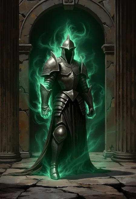 An atmospheric and powerful dark fantasy, natural organic and impressionist classical-style painting of a possessed set of fantasy armour. The armour is made of heavy silver plates and have a full helmet. Armour glows from inside with green ghostly light as the spirit resides in it, making it look alive. Armour stands in guarding pose in abandoned castle hallway.