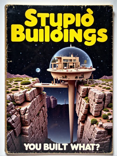 A photo of a retro, 1980s-style manual featuring a cover photograph of a Villa on a bridge between two impossibly tall cliffs on the Moon: A striking villa built atop an elegant bridge between two impossibly tall cliffs above a completely barren, dry, Lunar landscape. The design features modern materials that complement the surroundings while remaining distinct, with large terraces overlooking the cliffs. The villaâs structure seems impossibly arranged, tumbling over itself. The whole villa is covered by a clear glass dome, keeping it airtight. The header in blocky yellow text "Stupid Buildings". Subtitle below the picture is "YOU BUILT WHAT?". V1llas1nNa1ure <lora:FLUX_V1llas1nNa1ure_LoRA:1> <lora:1980s_Technical_Manuals_Flux:1> <lora:TextimproverV0.4:0.85> aidmatextimprover,