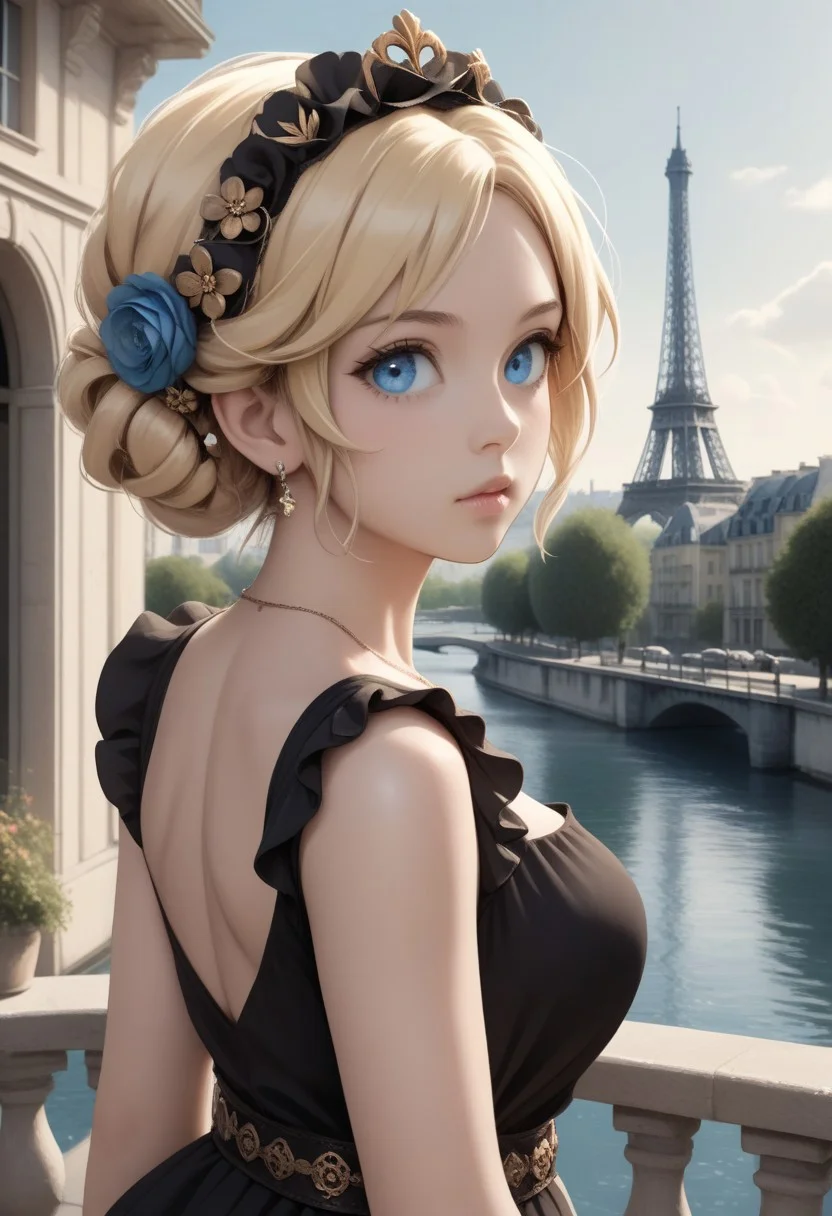1girl, a digital artwork of a woman with blonde hair styled in an updo, adorned with a floral hairpiece. She has blue eyes and is wearing a black dress with ruffles and a brown embellished belt. The background features a cityscape with European-style buildings and a body of water, suggesting a location like Paris. Light effects and soft shading contribute to the dreamy atmosphere of the artwork., kwf