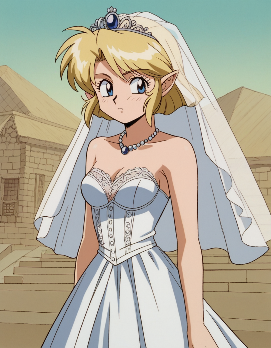 zPDXL, score_9, score_8_up, score_7_up, source_anime, 8k, absurdres, 1990s \(style\), retro artstyle, anime coloring, 
1girl, solo, <lora:Gunsmith_v3-20:0.8> gnsmth, bride wearing Satin bustier with lace-up detail, satin fishtail skirt with lace trim, satin headpiece, satin pumps, wedding veil with lace, heirloom brooch,sparkling tiara adorned with pearls, Zelda, blonde hair