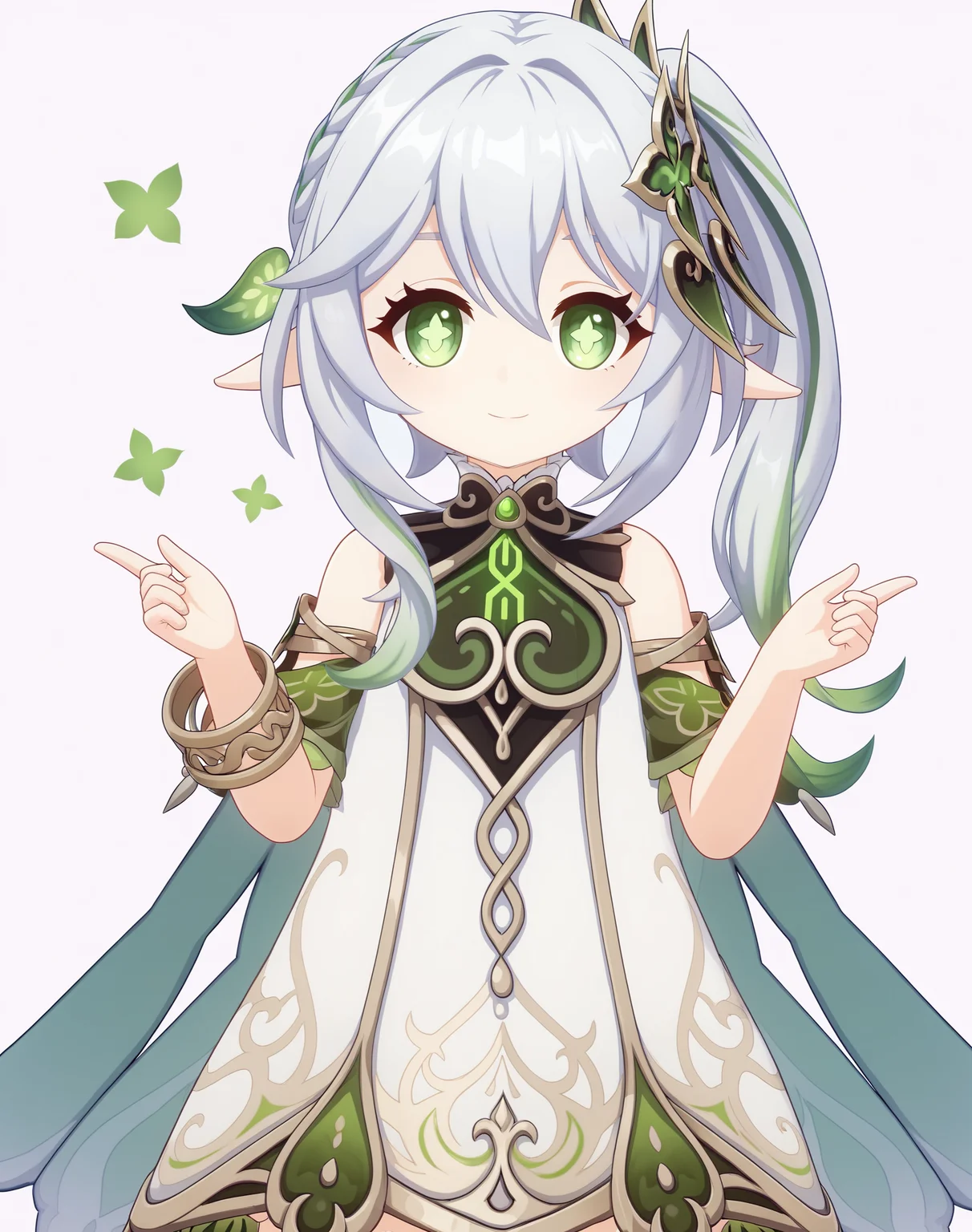 nahida \(genshin impact\),1girl,solo,long hair,(white background:1.1),looking at viewer,smile,hair ornament,dress,hair between eyes,jewelry,green eyes,white hair,grey hair,braid,multicolored hair,short sleeves,sidelocks,detached sleeves,green hair,sleeveless,pointy ears,white dress,cape,two-tone hair,bracelet,side ponytail,gradient hair,symbol-shaped pupils,