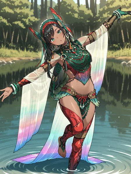 uth duna armor,solo,dark-skinned female,covered navel,green eyes,black hair,barefoot,long hair,standing,looking at viewer,:o,dancing,standing,1girl,orange feather headdress,orange halterneck,orange asymmetrical gloves,green loincloth,orange toeless legwear,see-through waist cape,see-through long sleeves,tribal earrings,wading,lake,leaning to the side,veil,:o,knee up,outstretched arms,head tilt, 
masterpiece,best quality,amazing quality,very aesthetic,absurdres,newest,<lora:Uth Duna Armor illuXL v1.4:0.77>,<lora:wai-2Rectified-V140:0.7>,