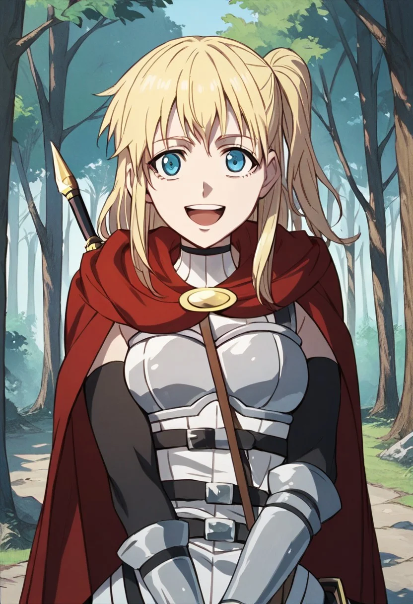 score_9,score_8_up,score_7_up,source_anime, Milly Yunis,1girl,solo,looking at viewer,smile,open mouth,gloves,holding,weapon,:d,outdoors,sword,cape,holding weapon,armor,tree,nature,forest,red cape,