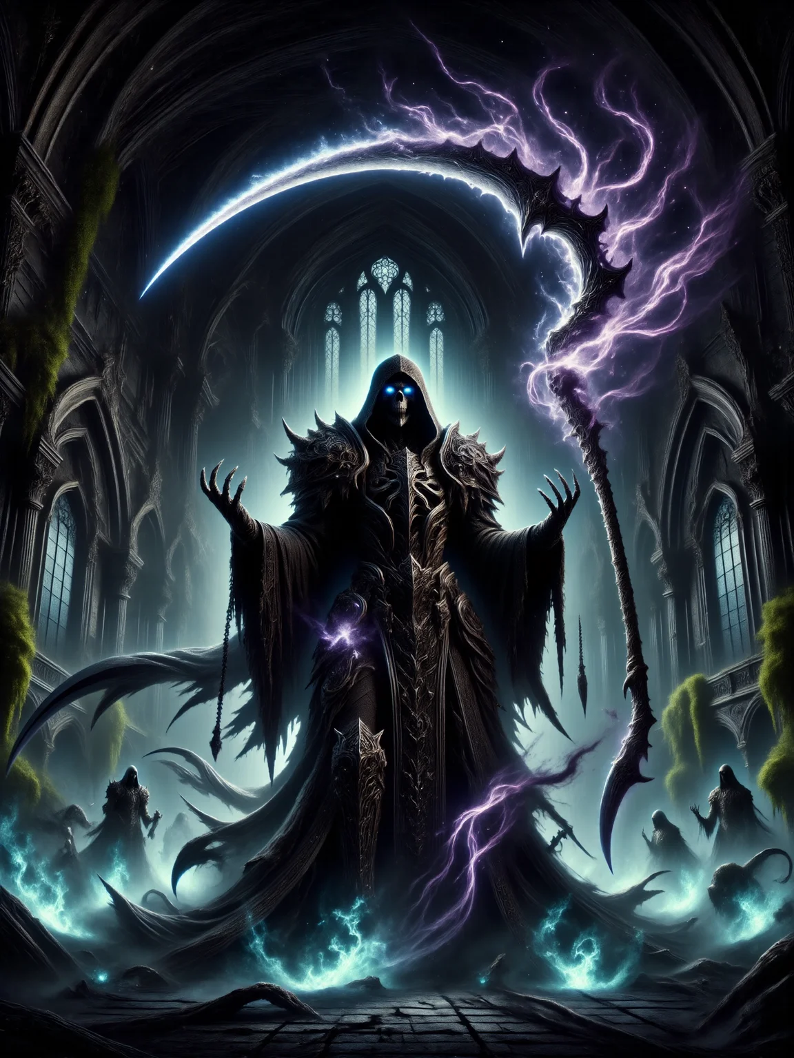 an atmospheric classical painting, dark night, full body view from a low angle, a towering undead knight holds a legendary war scythe, the blade describing a semicircle over his head, he is cloaked in an intricately decorated, ornate robe embroidered with occult symbols and arcane sigils, the imposing robe billows slightly around him, under the robe, he wears gleaming, ornate steel plate armor, including plate gloves and boots—ancient artifacts from a long-gone era, decorative spiked chains hang loosely from his robe, his hollow eyes burn with an unnatural blue glow beneath a shadowy hood, casting a faint glow on his skull, the blade of the scythe is engulfed in eldritch purple to blue flames that lick and twist through the air, casting surreal light and dancing shadows onto the cobblestone floor below, the knight's posture is rigid and powerful, the background consists of a castle's grand hall with towering gothic arches and arched windows with stained glass, the gothic architecture looms above, its vastness stretching upward into darkness, ominous shadows creep along the walls and arches, adding depth and tension to the scene, the primary light source comes from the eldritch flames engulfing his scythe and the knight's unnaturally burning eyes, the environment looks ancient and ominous, with crumbling stone walls overgrown with dark green moss and otherworldly bioluminescent leafy vines glowing faintly with cyan light, a very low-angle perspective looks up at the skeletal knight, emphasizing his intimidating size and power, perfectly symmetrical architecture, intricate details, detailed skeletal head wearing a hood, detailed background, dark corners, veil, darkness, death, cyan and purple flames, crackling eldritch magic, <lora:style-veil_of_darkness-flux-by_donmischo:0.56> <lora:style-necromancers_lair-flux-by_donmischo:0.48> <lora:scythe-flux-by_hailoknight:0.8> <lora:image_enhancer-flux-by_dever:0.92>