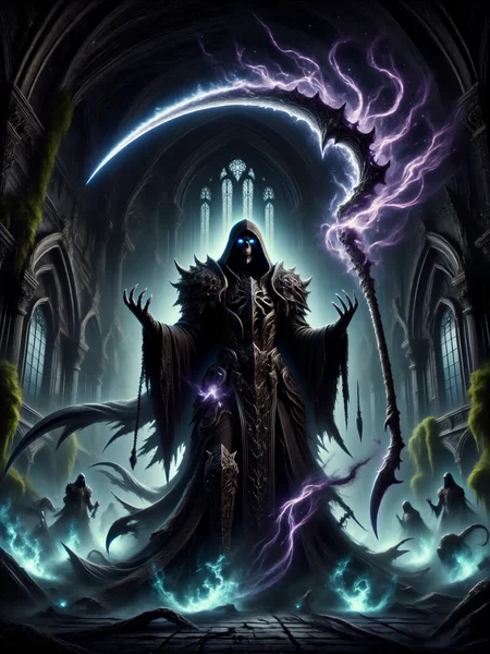 an atmospheric classical painting, dark night, full body view from a low angle, a towering undead knight holds a legendary war scythe, the blade describing a semicircle over his head, he is cloaked in an intricately decorated, ornate robe embroidered with occult symbols and arcane sigils, the imposing robe billows slightly around him, under the robe, he wears gleaming, ornate steel plate armor, including plate gloves and bootsâancient artifacts from a long-gone era, decorative spiked chains hang loosely from his robe, his hollow eyes burn with an unnatural blue glow beneath a shadowy hood, casting a faint glow on his skull, the blade of the scythe is engulfed in eldritch purple to blue flames that lick and twist through the air, casting surreal light and dancing shadows onto the cobblestone floor below, the knight's posture is rigid and powerful, the background consists of a castle's grand hall with towering gothic arches and arched windows with stained glass, the gothic architecture looms above, its vastness stretching upward into darkness, ominous shadows creep along the walls and arches, adding depth and tension to the scene, the primary light source comes from the eldritch flames engulfing his scythe and the knight's unnaturally burning eyes, the environment looks ancient and ominous, with crumbling stone walls overgrown with dark green moss and otherworldly bioluminescent leafy vines glowing faintly with cyan light, a very low-angle perspective looks up at the skeletal knight, emphasizing his intimidating size and power, perfectly symmetrical architecture, intricate details, detailed skeletal head wearing a hood, detailed background, dark corners, veil, darkness, death, cyan and purple flames, crackling eldritch magic, <lora:style-veil_of_darkness-flux-by_donmischo:0.56> <lora:style-necromancers_lair-flux-by_donmischo:0.48> <lora:scythe-flux-by_hailoknight:0.8> <lora:image_enhancer-flux-by_dever:0.92>
