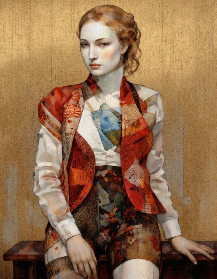 . A painting of a female figure with a form-fitting bodysuit made of patchwork fabrics in a variety of colors including red, white, blue, and green. the figure is positioned in the middle of the image, sitting with one hand on her hip and the other resting on her thigh. the background is a simple, textured wall with a warm, golden hue, and the figure appears to be a woman with a slender physique and a neutral expression. the woman is wearing a colorful, patchwork-style outfit consisting of a white bodice with a blue accent, a red jacket with floral patterns, and a white leotard with a floral pattern. the bodice has a high collar and long sleeves, while the jacket has a more fitted design with a high neckline. the fabric has a mix of textures and patterns, creating a unique and eye-catching design. the overall style is abstract and colorful, with a focus on the figure's form and the texture of the fabric.