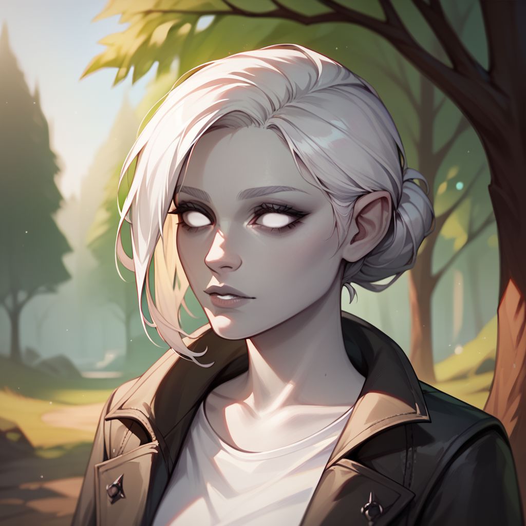 (((beautiful, high quality))), upper body, score_9, score_8_up, score_7_up, solo,
Changeling, gray skin, white eyes, white hair, dark eyelids, 1girl, shirt, coat,
Outdoor, fantasy background, nature, blurred background,