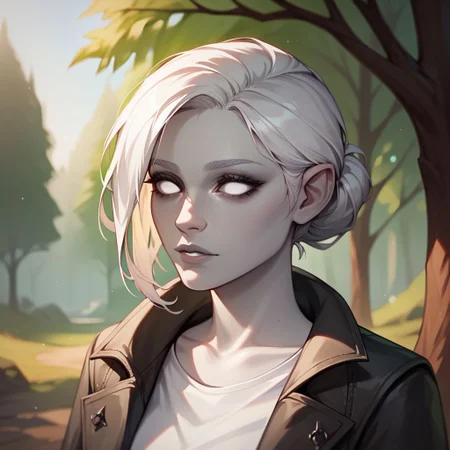 (((beautiful, high quality))), upper body, score_9, score_8_up, score_7_up, solo,
Changeling, gray skin, white eyes, white hair, dark eyelids, 1girl, shirt, coat,
Outdoor, fantasy background, nature, blurred background,
