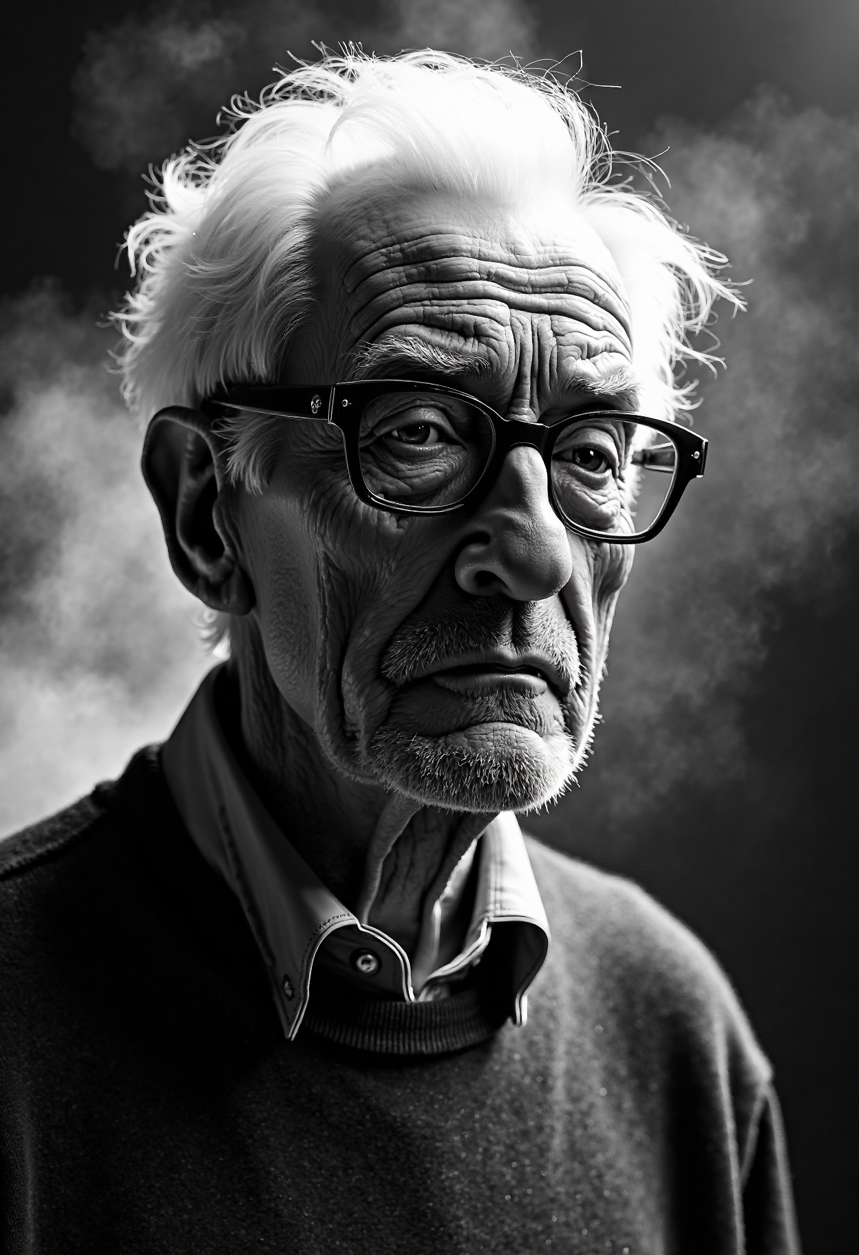 A highly detailed, black-and-white, silhouette, closeup, professional photo portrait of a old man with wrinkles and white hair. He has tanned skin and sad eyes framed by big glasses. His hair is short and white. He wears an elegant sweater. The background is pitch black, with smoke behind the woman, creating a dramatic contrast with hia tanned skin and white hair, drawing the viewerâs focus entirely onto her. The lighting, hitting only one side of his face, is hard in chiaroscuro style, giving depth to her features and an air of mystery. The overall style blends gothic and fantasy influences, with a strong emphasis on realism and a refined sense of elegance and enigma.