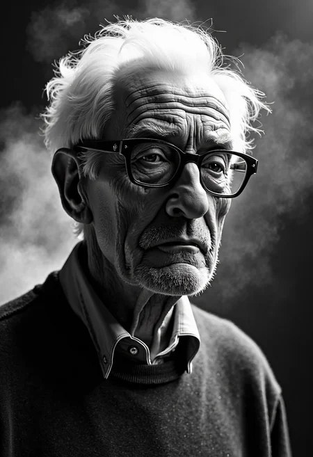 A highly detailed, black-and-white, silhouette, closeup, professional photo portrait of a old man with wrinkles and white hair. He has tanned skin and sad eyes framed by big glasses. His hair is short and white. He wears an elegant sweater. The background is pitch black, with smoke behind the woman, creating a dramatic contrast with hia tanned skin and white hair, drawing the viewerâs focus entirely onto her. The lighting, hitting only one side of his face, is hard in chiaroscuro style, giving depth to her features and an air of mystery. The overall style blends gothic and fantasy influences, with a strong emphasis on realism and a refined sense of elegance and enigma.