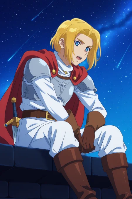 <lora:ZenshuuStyle:1>, ZenshuuStyle, 1boy, weapon, sword, blonde hair, solo, blue eyes, cape, gloves, male focus, boots, armor, sitting, belt, open mouth, brown gloves, red cape, star \(sky\), sky