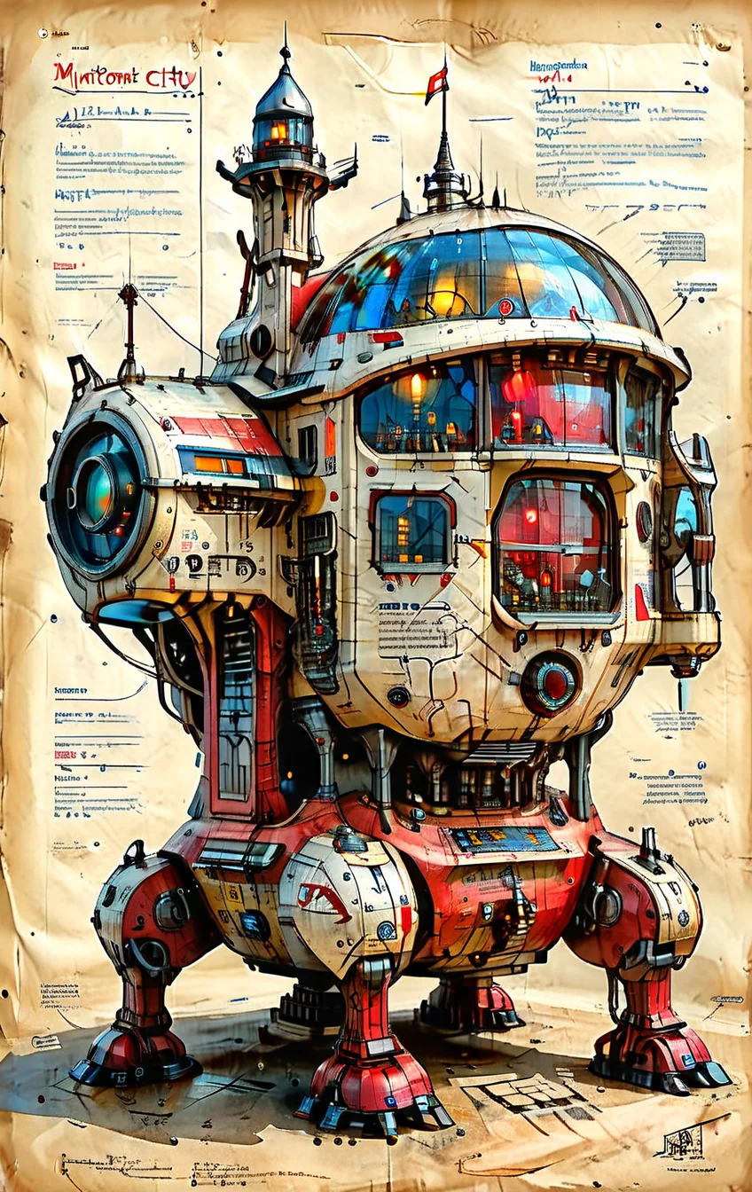(cel-shading:2)+,
(in ARTIST style:1.4), (masterpiece:1.7),
An illustrated medieval old worn page of (Traction City, science fiction, standing, Walking vehicle, red paint), made with ingredients including: (mechanical legs, antenna, parts, wires), text is Old English and Gothic, parchment page, intricate details, muted colors, high resolution, best quality, fantasy vibe (ultra sharp focus:2), (detailed windows:2), (thin lines:2), (best quality:1.8),
<lora:MJ52:0.8> <lora:ParchartXL_CODA:1>,
<lora:add-detail-xl:1> (ultra sharp focus:1.8), (detailed skin:1.8), (thin lines:1.8), (best quality:1.8),
<lora:Apparatus_-_Traction_City_Walkers_Vehicles:0.7>, <lora:Someplastic:0.8>,
<lora:glowneon_xl_v1:0.6>