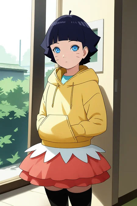 sharp focus, pixiv masterpiece, source_anime, score_9, score_8_up, score_7_up, score_6_up, absurd res, BREAK
<lora:Himawari_Uzumaki_IL_v1-000012:0.9>,uzumaki_himawar1_illu, 1girl, solo, dark_blue_hair, short_hair,yellow_hoodie, sunny day, looking at viewer, hima-skirt, black stockings, cowboy shot