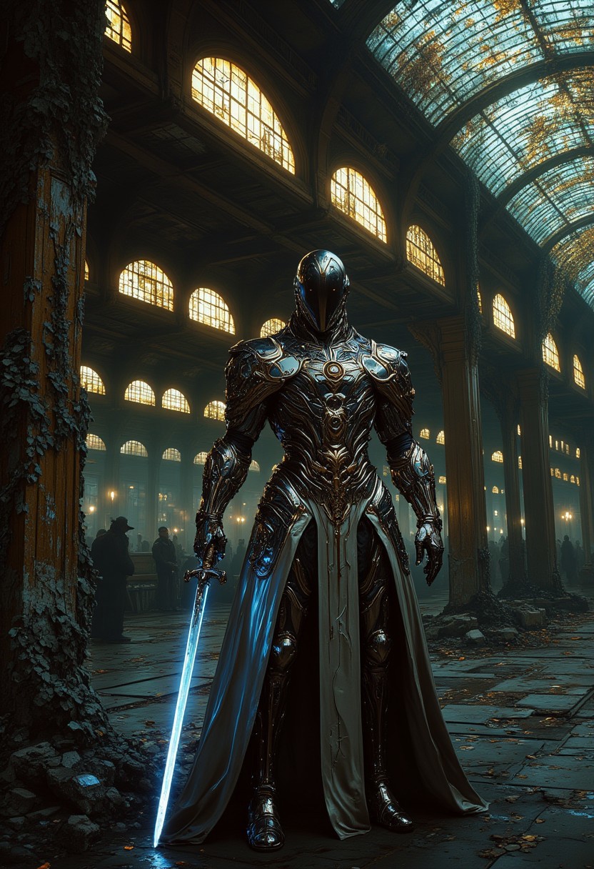 A breathtaking graffitipunk art-nouveau dark fantasy scene. A decayed, neon-lit train station looms in the background, its arched windows etched with elegant, glowing vines. In the foreground, a lone swordsman stands, their blade pulsing with a dim blue glow. The figure’s attire is a fusion of cybernetic armor and flowing art-nouveau robes, adorned with intricate patterns of gold and silver circuitry. The atmosphere is suffused with tension, as flickering lights cast haunting shadows, blending urban decay with an air of mystical enchantment