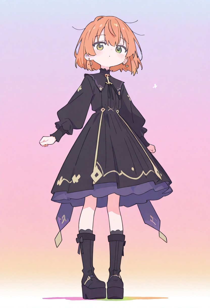 masterpiece,best quality, newest, Smooth, very awa, very aesthetic, flat colors,
Colorful themes, High Saturation, haiz_ai, orenji,
<lora:ponyv6_noobE11_2_adamW-000017:0.9> <lora:MeMaXL4:0.8> <lora:veluflora-wai:0.35> <lora:haiz_ai_illu:0.7>, allegro, orenji, haiz_ai,
1girl, petite, solo, cute, kawaii, orange hair, bob cut, green eyes, fair skin, messy hair,
narrow waist, dress, white and black dress, black boots, goth fashion, platform highleg boots, looking forward, gradient background,