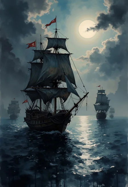 A dinkfsn style ink wash painting, pirate galleons on the open ocean, fR FROM LAND, silhouetted at night, dim moonlight, chiascuro