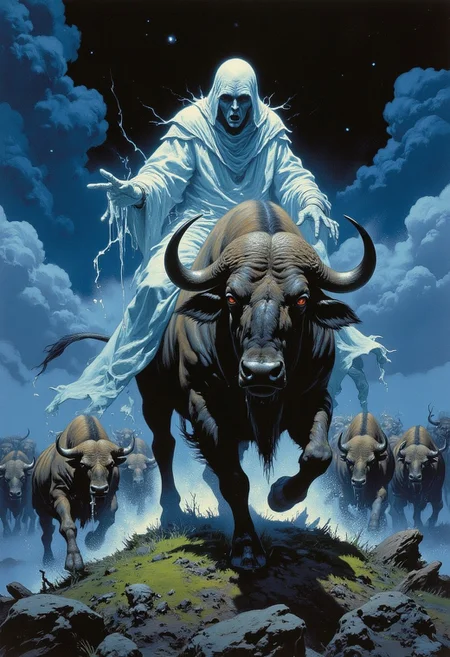 Comic book style 8k high quality digital painting , masterpiece, very detailed, ultra realistic, (best quality) very detailed epic masterpiece, sice view, a ghostly transparent specter of a Native American, Indian, is riding on a big buffalo, the buffalo is very anxious, saliva on its snout, many othe buffalos running in the background stampede, dramatic sky, night, scary scene, action, scary, best quality, epic scene, Dungeons and dragons atmosphere, heroic fantasy, fna_style, Comic book style