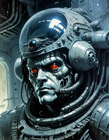 "Close-up, front-facing view of a scavenger, his face reflecting horror, within the chilling confines of a derelict space station. Sharp contrasts, lavishly intricate, drawing from H.R. Giger", surrealism, weird and pissed off, oil on canvas, dry brush, <lora:John Berkey Style:0.9>, John Berkey Style